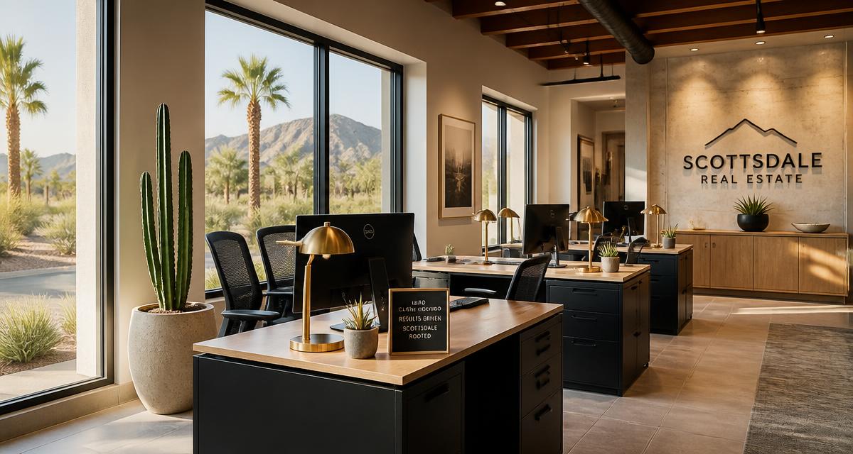A luxury Scottsdale real estate office interior with warm brass accents and a city view at dusk