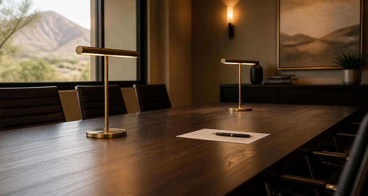 A search timeline mapped out in a leather notebook beside a brass desk lamp and a signed engagement letter